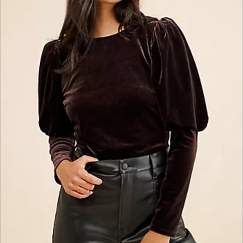 Anthropologie Puff-Sleeved Velvet Top Sunday in Brooklyn Chocolate Brown Size M